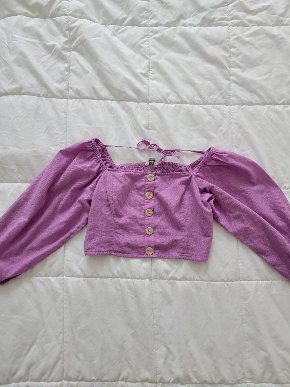 American Eagle Linen Blend Puff Sleeve Crop Top Lilac Purple